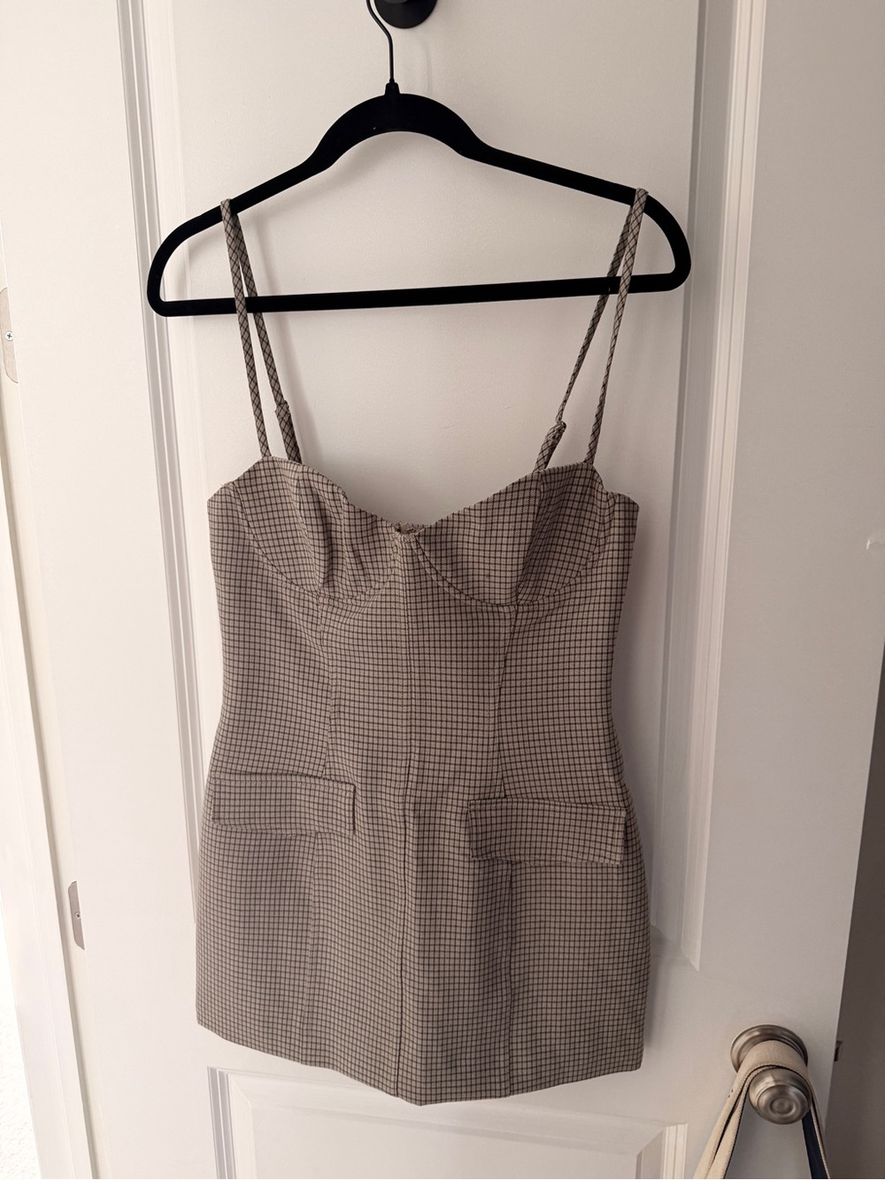 Showpo. Plaid Mini Dress with Spaghetti Straps - Neutral Check